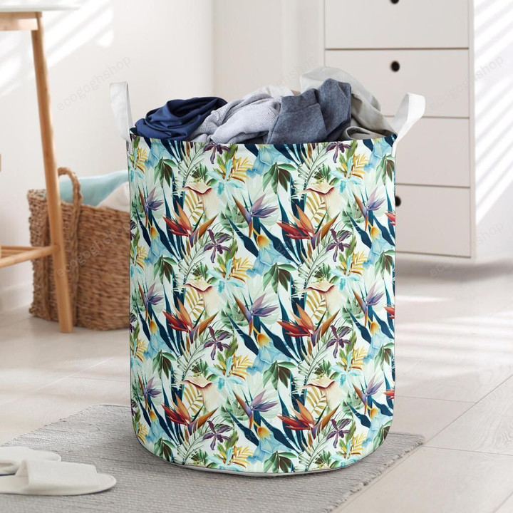 Seamless Tropical Flower Plant And Leaf Laundry Basket