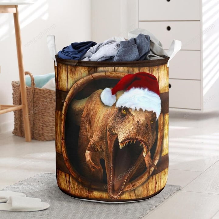 T-rex Wood  Christmas 3d Laundry Basket Dinosaur W Santa Hat Vintage Gifts For Parents