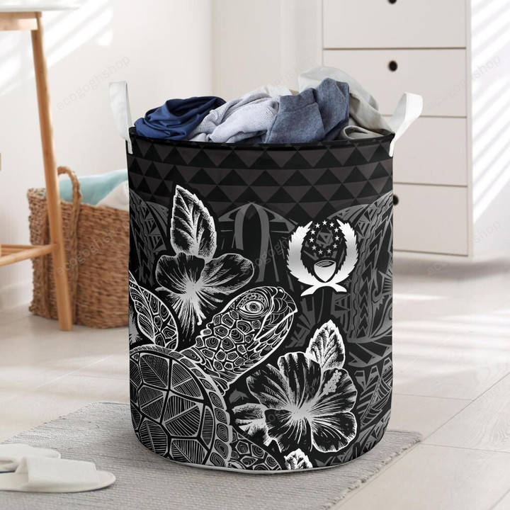 Pohnpei Polynesian Turtle Hibiscus Black Laundry Basket