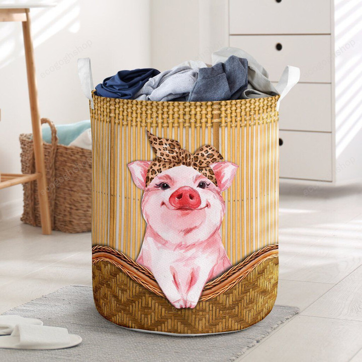 Lovely Pig In Brown Basket Laundry Basket