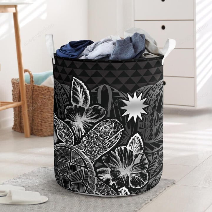 Nauru Logo With Polynesian Turtle Hibiscus Black Laundry Basket