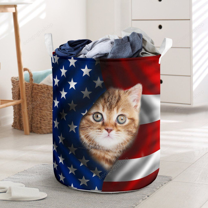 Cute Kitten In American Flag  Laundry Basket