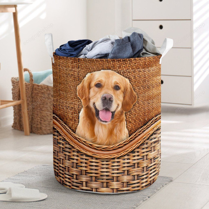 Rattan Texture With Golden Retriever Laundry Basket
