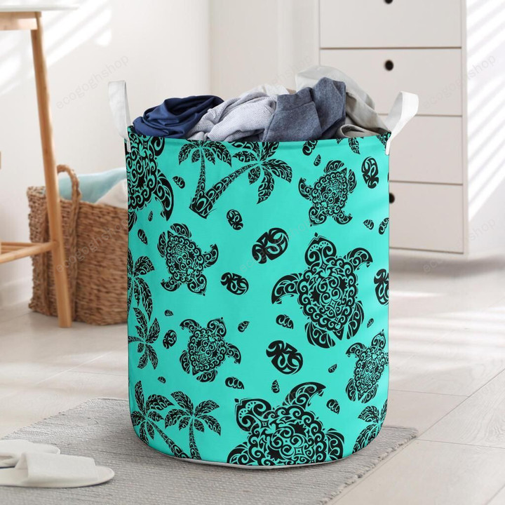 Polynesian Turtle Palm And Sea Pebbles Turquoise Laundry Basket