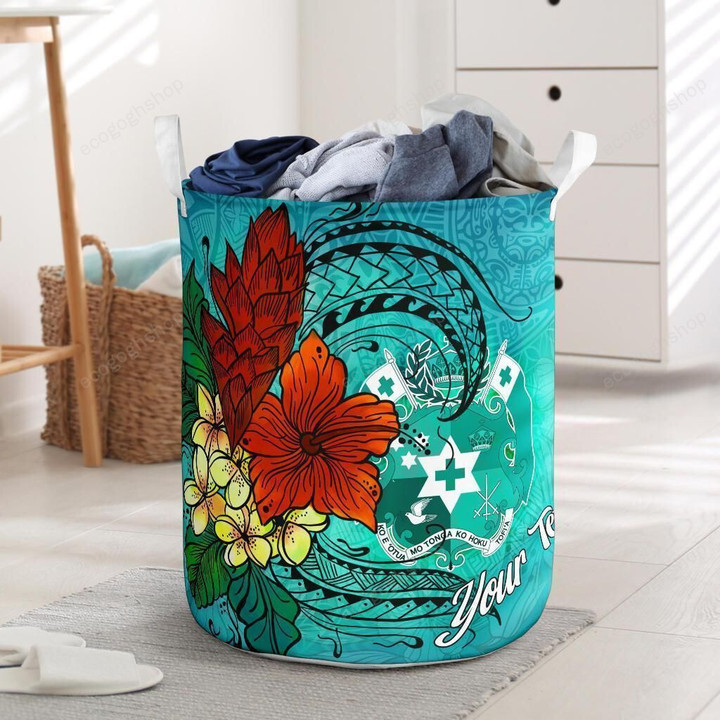 Tonga Custom Tropical Flowers Style Blue Ocean Laundry Basket