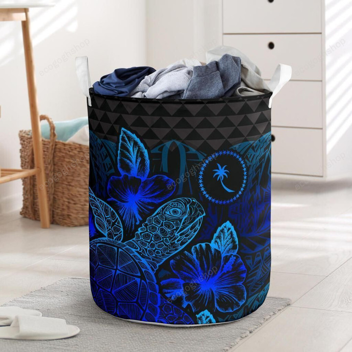 Chuuk Logo With Polynesian Turtle Hibiscus Blue Laundry Basket