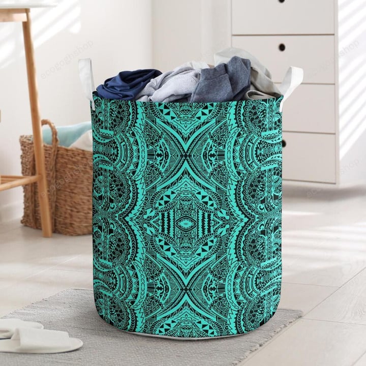Polynesian Symmetry Turquoise Hawaii Laundry Basket