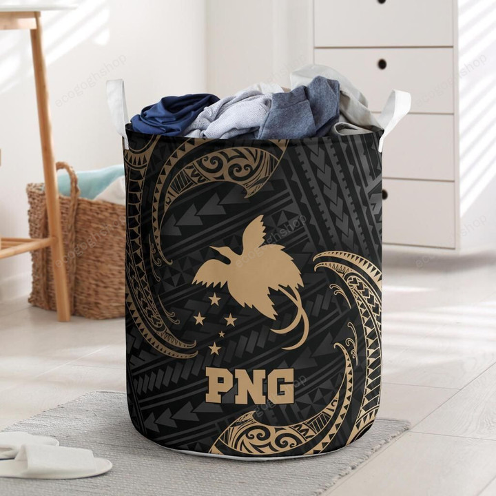 Papua New Guinea Polynesian With Logo Gold Tribal Wave Laundry Basket