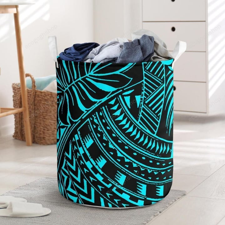 Polynesian Blue And Black Leaves Art Laundry Basket