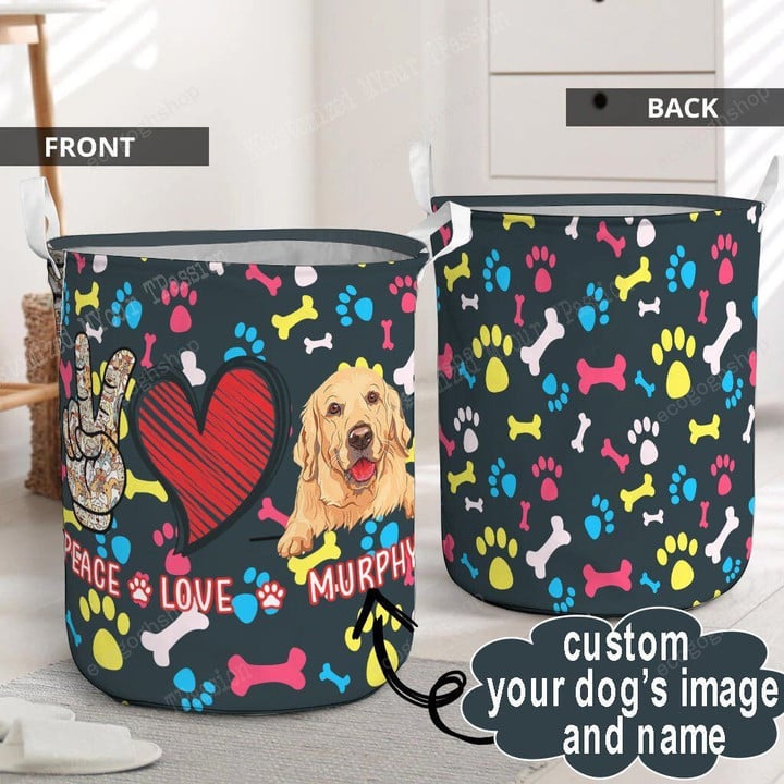 Peace Love Custom Name and Photo of Dog Laundry Basket