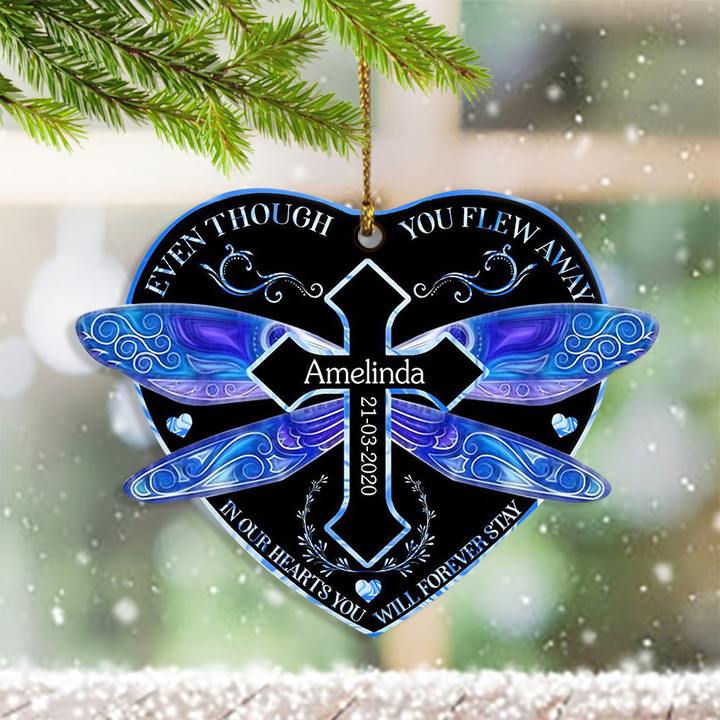 Customized Even Though You Flew Away Heart Ornament Cross Dragonfly Wing Ornament Memorial Gift