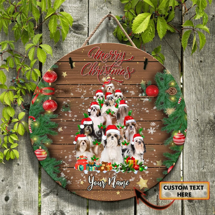 Customized Name Shih Tzu Merry Christmas Round Wood Sign Front Door Christmas Decorations