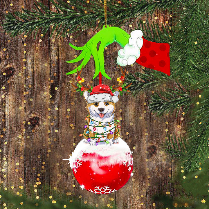 Feliz Naughty Dog Corgi Ornament Green Hand With Xmas Ball Ornament Gifts For Corgi Lovers