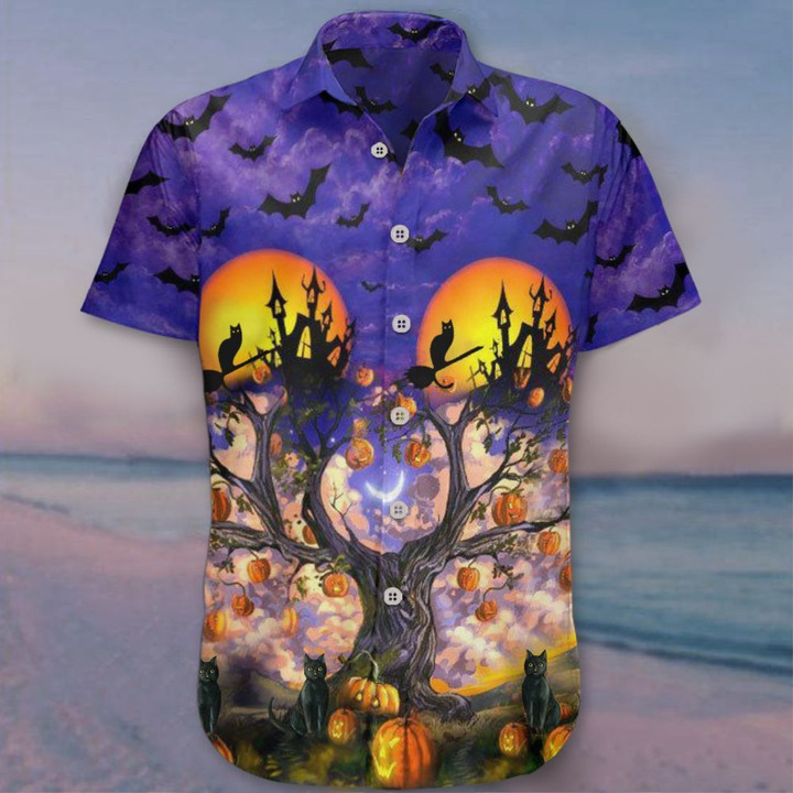 Black Cat Pumpkin Tree Halloween Hawaiian Shirt Halloween Button Up Shirt Merch Gift Ideas