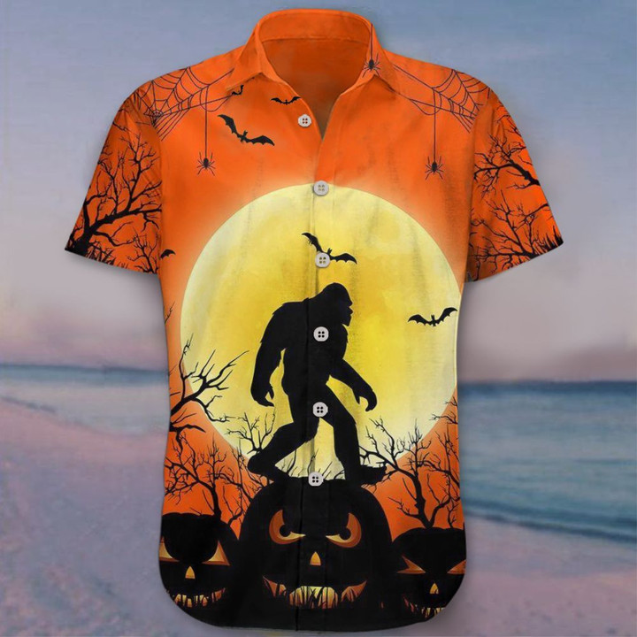 Bigfoot Halloween Hawaiian Shirt Pumpkin Sasquatch Halloween Themed Shirt Mens