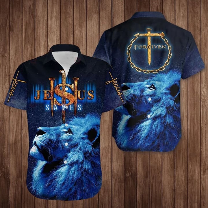 Lion Cross Jesus Saves Hawaiian Shirt Forgiven Christian Faith In Love Shirt Mens Womens