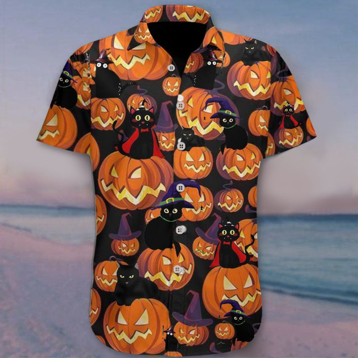 Black Cat Halloween Hawaiian Shirt Orange Pumpkin Aloha Shirt Halloween Themed Gift