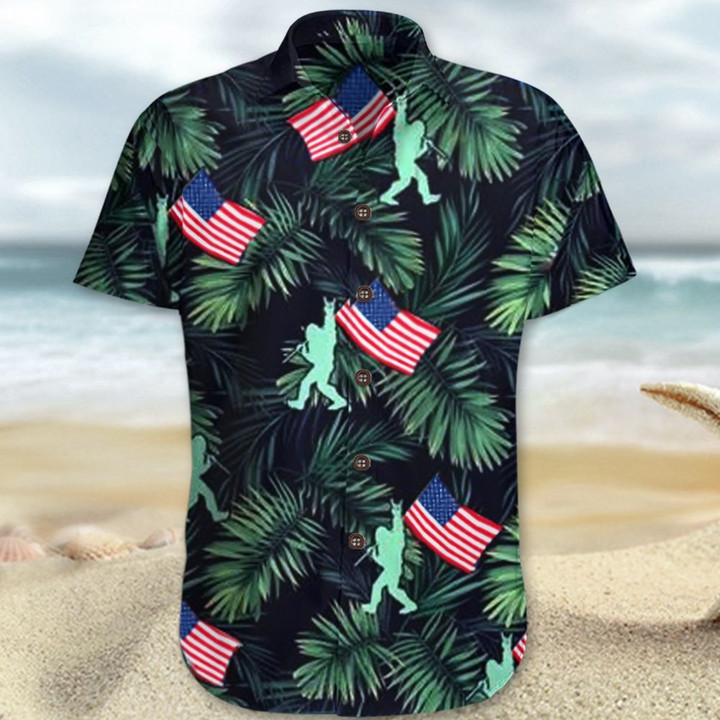 Bigfoot Hawaiian Shirt Sasquatch American Flag Tropical Vacation Shirt Mens Gift Ideas