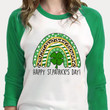 Happy St Patrick's Day Shirt, Shamrock Rainbow St Patrick's Day T-Shirt 3ST-02 3/4 Sleeve Raglan
