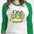 St Patrick's Day Shirts, Leopard Shamrock Shirt, One Lucky Teacher 4ST-3521 3/4 Sleeve Raglan