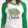 St Patrick's Day Shirts, Leopard Shamrock Shirt, Miss Good Lucky Charm 4ST-3505 3/4 Sleeve Raglan