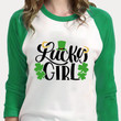 Happy St Patrick's Day Shirts Shamrock Irish, Lucky Girl 5SP-55 3/4 Sleeve Raglan