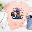 Witch Black Cat with Pumpkin Halloween T-Shirt, Halloween Gift for Women