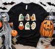 Retro Ghosts Reading Books Halloween T-Shirt, Halloween Book Lover