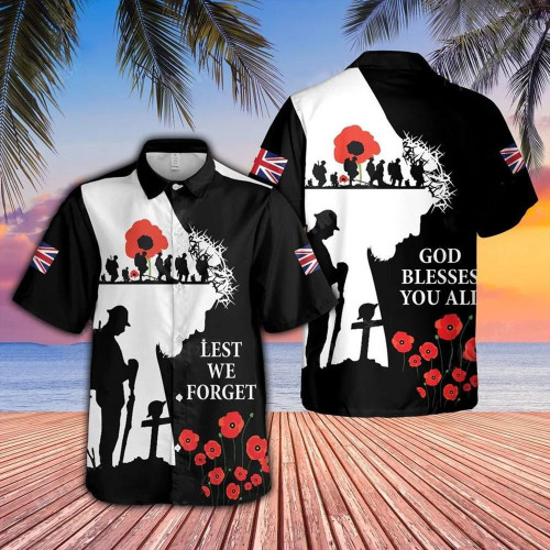Veteran Shirt, God Blessed You All Veteran Silhouette Lest We Forget Black And White Hawaiian Shirt