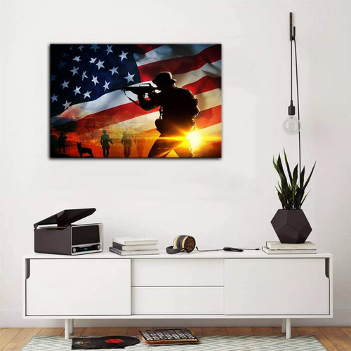 American Flag Canvas Soldier Salute Silhouettes Patriotic, Gift For Veteran, Family Matte Canvas