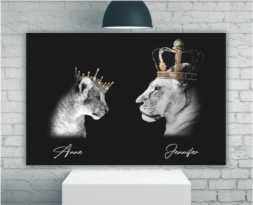 Personalized Lion Family Canvas, Custom Name Wall Art, Lioness And Female Cub Canvas