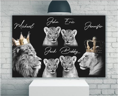 Lion Family Canvas, Custom Name Wall Art, King Queen And Their Princes Canvas