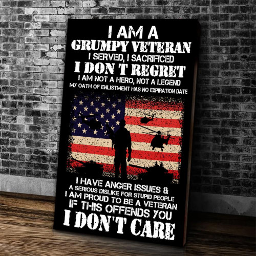 Veteran Canvas Father's Day Gift For Dad American Flag Canvas I Am A Grumpy Veteran I Don't Care Canvas