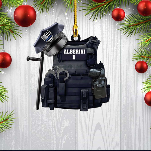 Personalized Police Ornament, Custom Name Police Vest Full Set, Baton Tonfa & Gun Ornament, 2D Flat Ornament