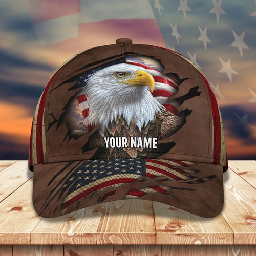 Customized Eagle Cap Leather American Flag Pattern, Eagle Hat for Dad, Eagle 3D baseball Cap for Veteran