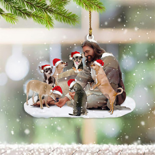 Chihuahua Santa With God Jesus Ornaments Chihuahua Lovers Xmas Tree Ornaments 2D Flat Ornament