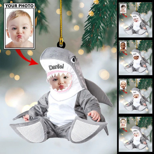 Baby Shark Custom Photo Baby with Name Christmas Ornament, Gift for Baby, 2D Flat Ornament