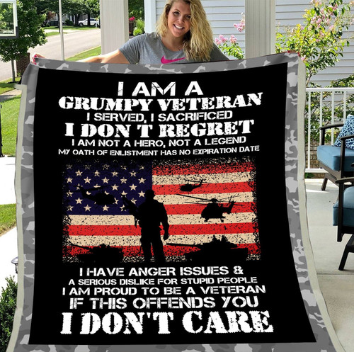 Veteran Blanket, Gift For Veteran's Day, Gift For Dad Grandpa, I Am A Grumpy Veteran I Don't Care Sherpa Blanket