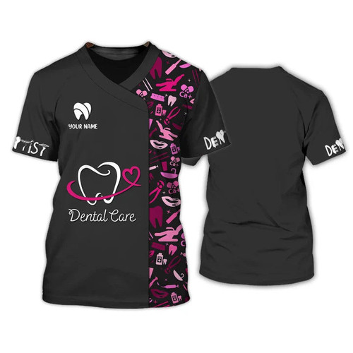 Dental Tools Pattern Tee Shirt, Dental Care Uniform Custom Dentist Tshirt Black Pink