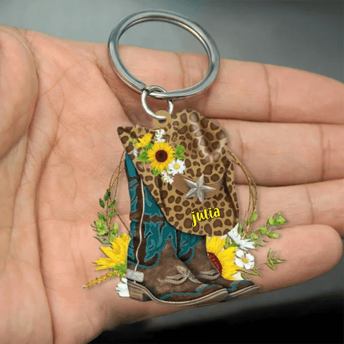 Personalized Cowboy & Cowgirl Boots And Hat Shaped Acrylic 2D Keychain Sunflower Leopard Art 2D Keychain