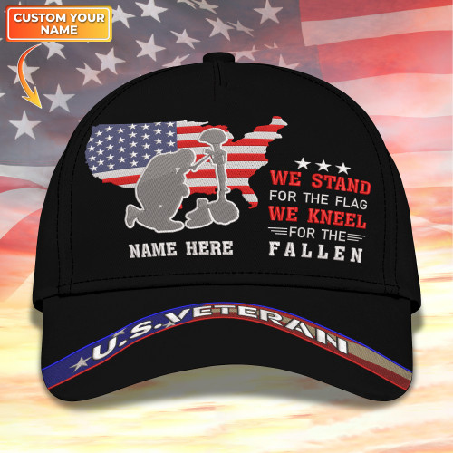 Personalized U.S. Veterans Embroidered Cap - We Stand For Flag We Kneel For The Fallen