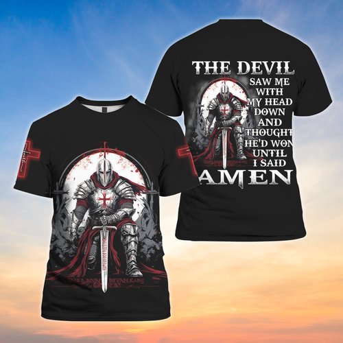 thumbnail image 2 of Knight Templar 'Devil Saw Me My Head Down Amen' Cross Warrior T-Shirt – Black 2 of 5