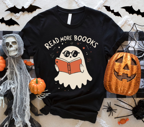 Retro Ghost Wearing Glass Read More Books T-shirt, Gift For Halloween Book Lover