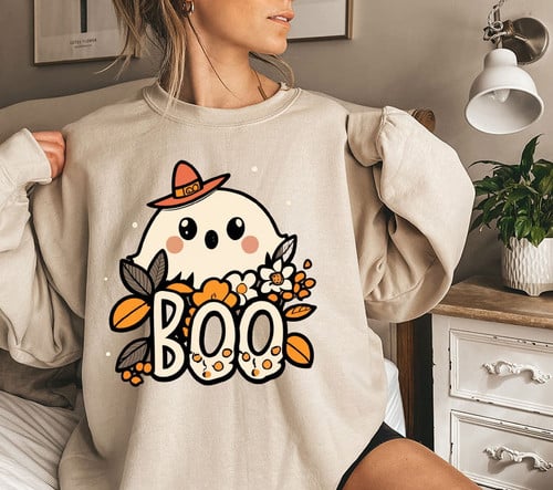 Halloween Shirt Cute Floral Ghost Sweatshirt Ghost Autumn Leaves Sweatshirt