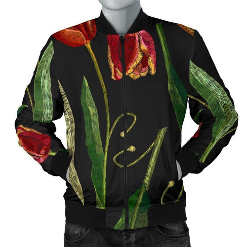 Tulip Embroidered Pattern 3d Printed Unisex Bomber Jacket