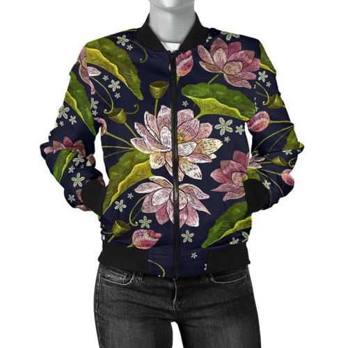 Lotus Embroidered Pattern 3d Printed Unisex Bomber Jacket