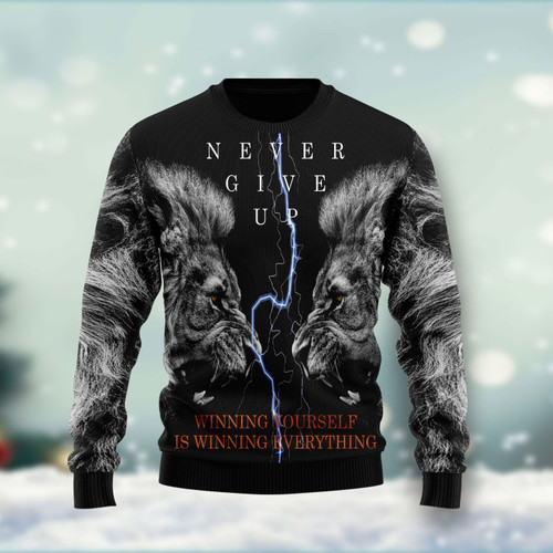 Lion Never Give Up Ugly Christmas Sweater