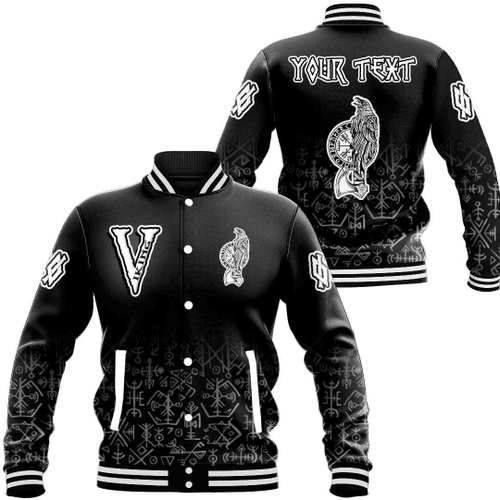 Custom Name Viking Style RavensVegvisir and Hammer Baseball Varsity Jacket