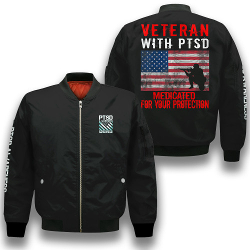 Veteran With PTSD Medicated For Your Protection PTSD Awareness Black 3D Printed Unisex Bomber Jacket
