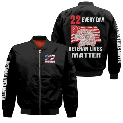 22 Every Day Veteran Lives Matter Veteran Suicide Awareness Black 3D Printed Unisex Bomber Jacket